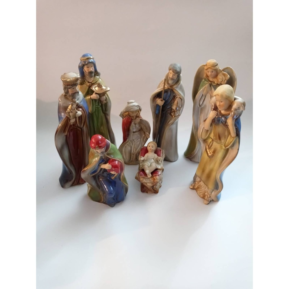 Vintage Christmas Nativity 8pc Set Mary Joseph Baby Jesus Shepard Wise Men Angel